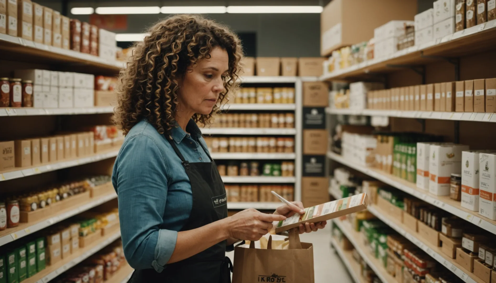 A consumer examining product labels in a store, reflecting supplier transparency and eco-conscious choices.