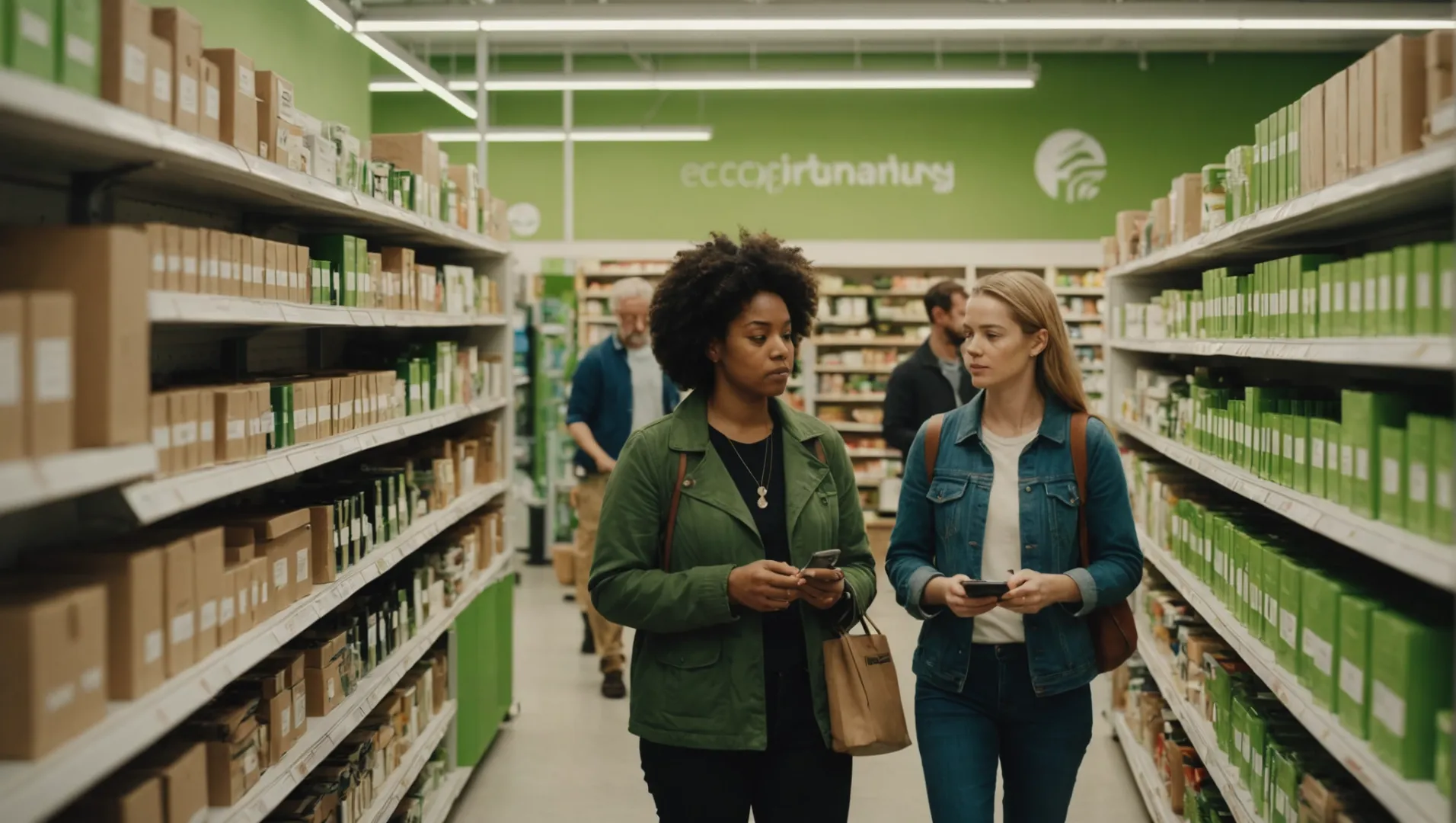 A diverse group of consumers shopping for eco-friendly products in a modern store.