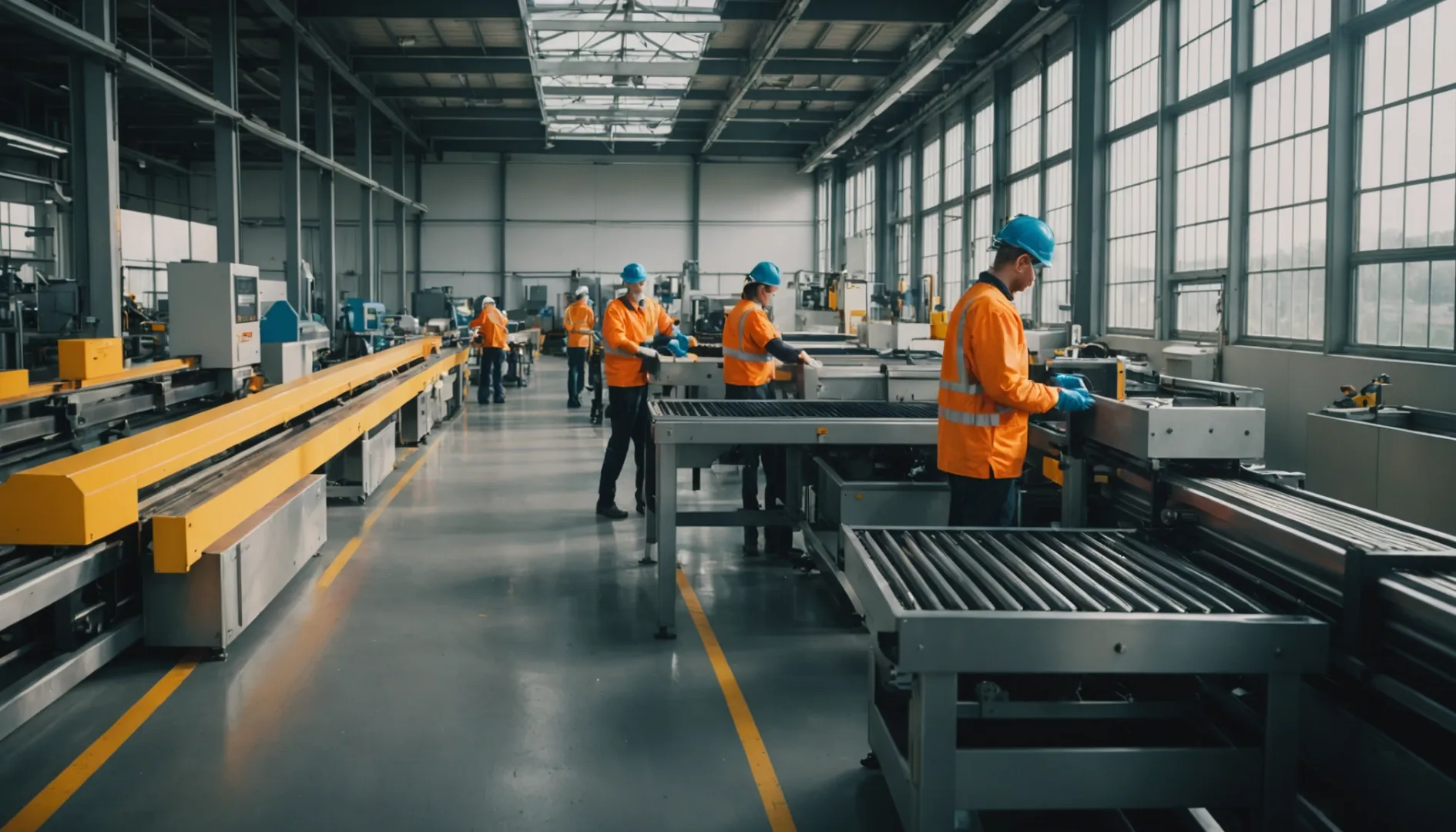 Workers in a sustainable production facility with modern machinery