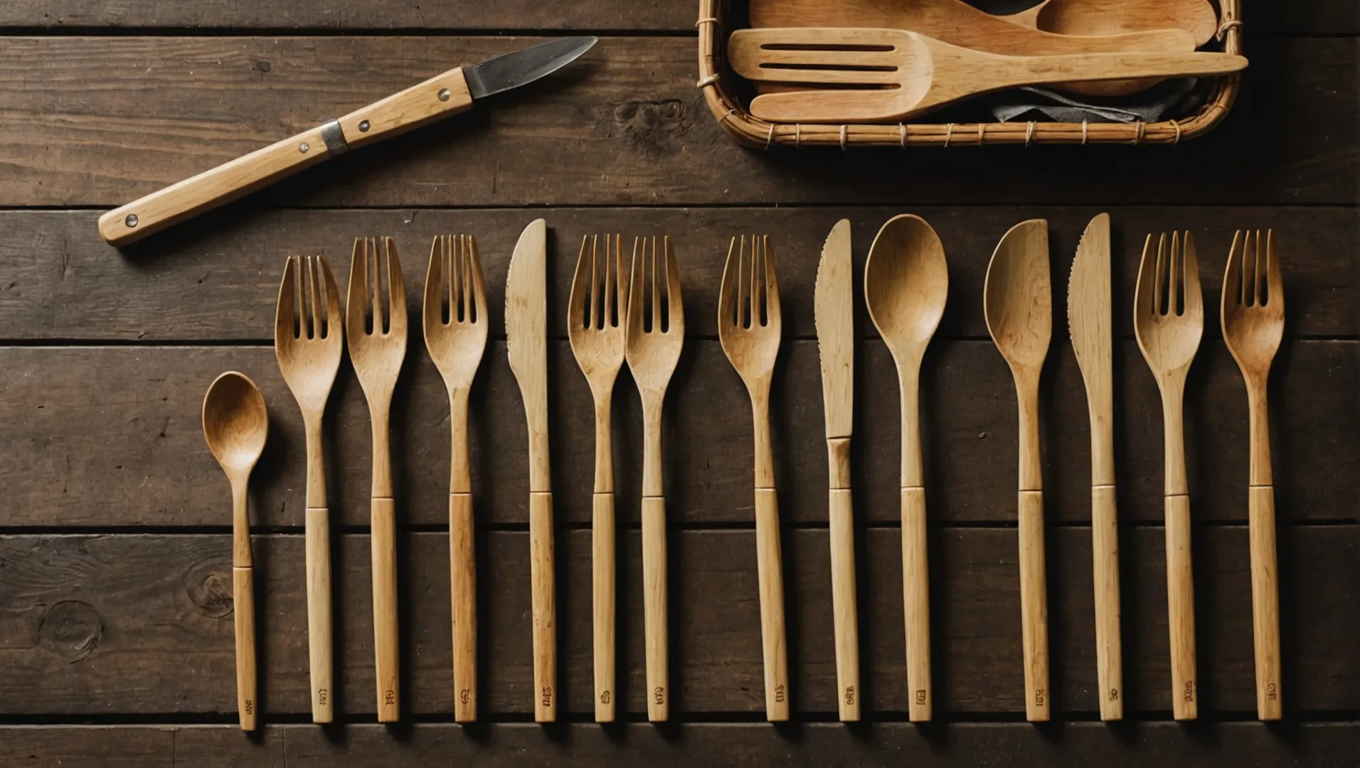 Wooden and bamboo utensils on a table