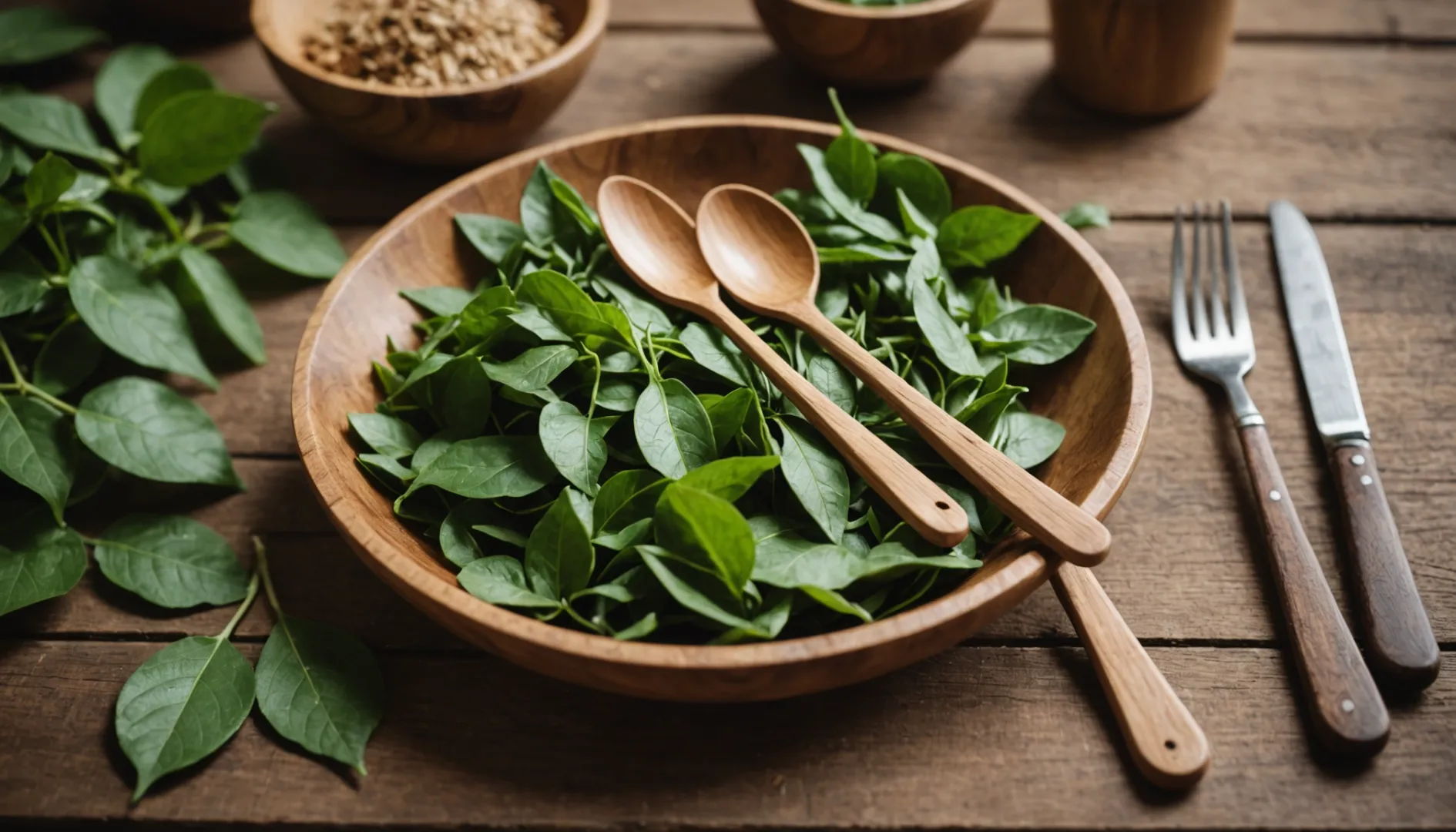 A set of wooden cutlery on a rustic table, surrounded by green leaves and a wooden bowl.