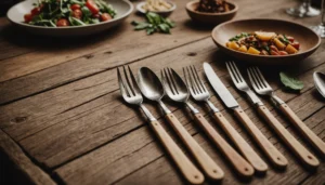 Set of sustainable wooden cutlery on a rustic table