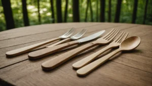 Eco-friendly disposable wooden cutlery with forest background