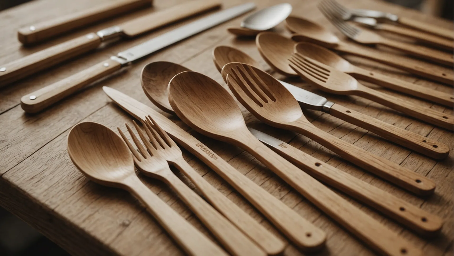 Various wooden cutlery pieces in an eco-friendly production setting