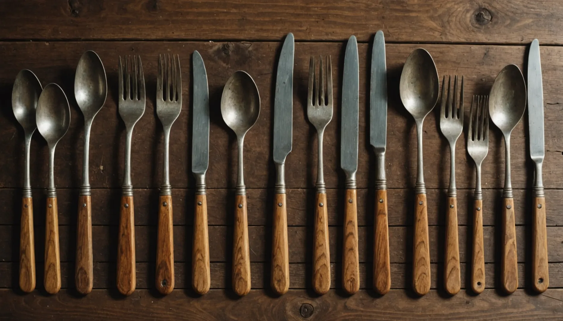 A variety of high-quality wooden cutlery displayed on a wooden table.