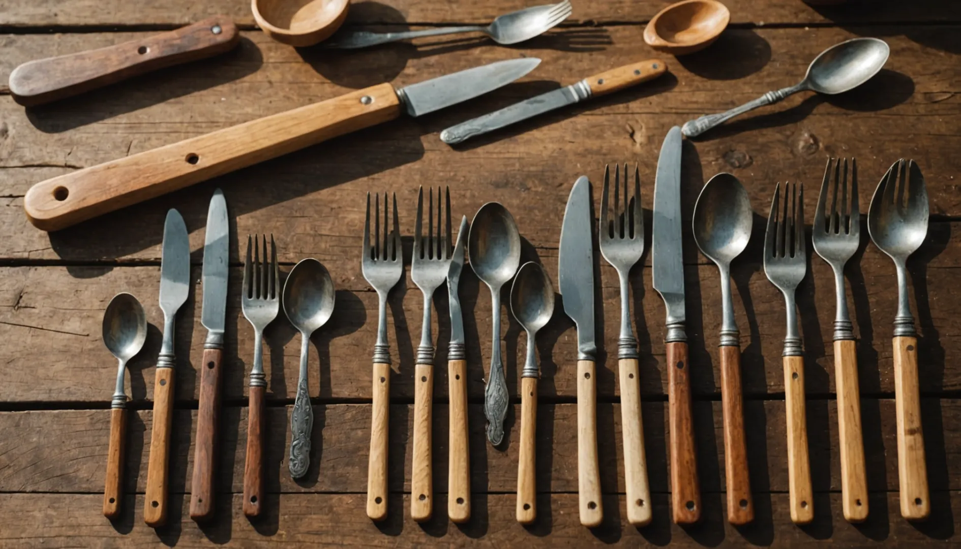 Wooden cutlery displayed on a rustic table setting