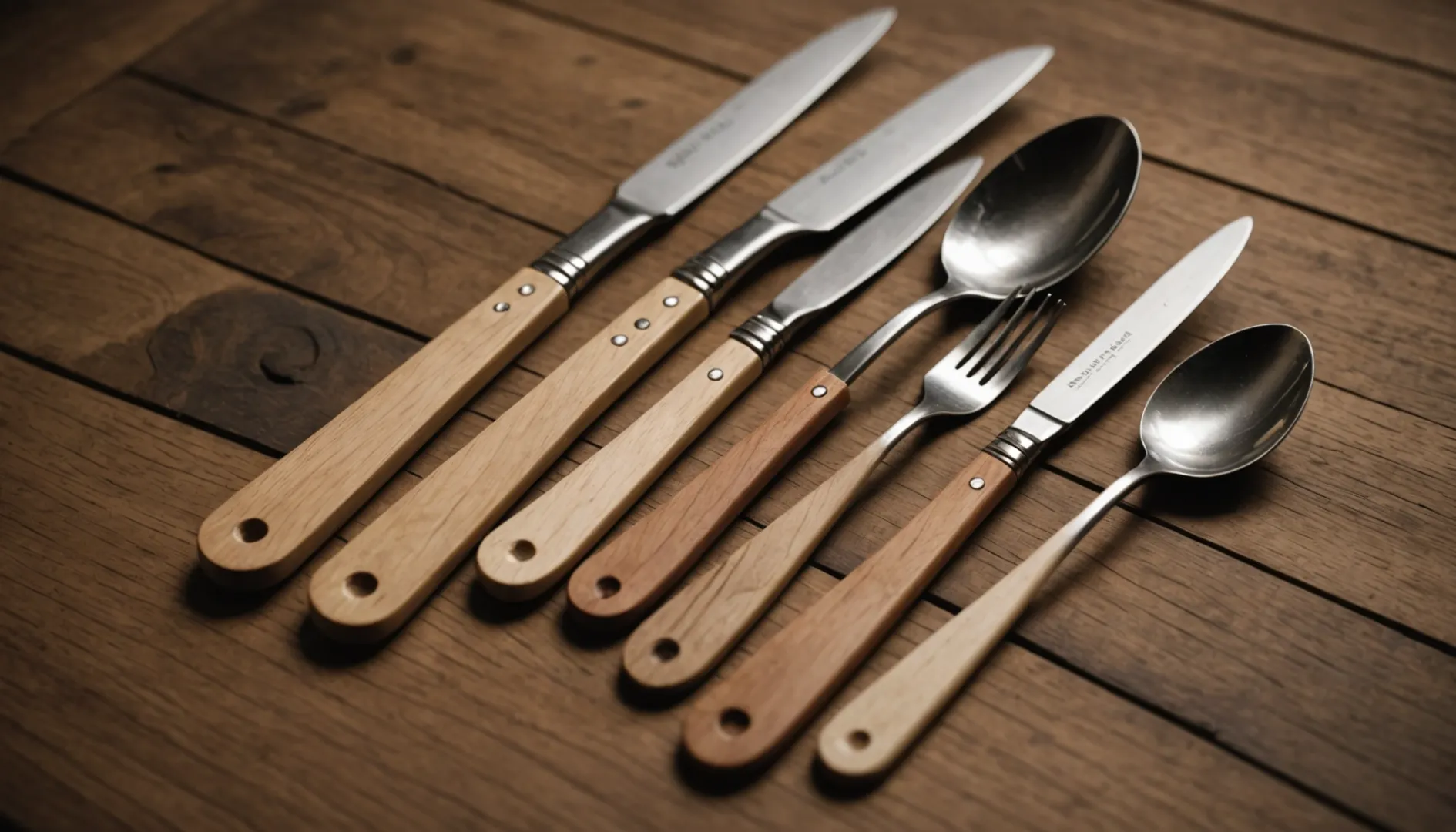 Maple, oak, and linden cutlery arranged on a wooden table.