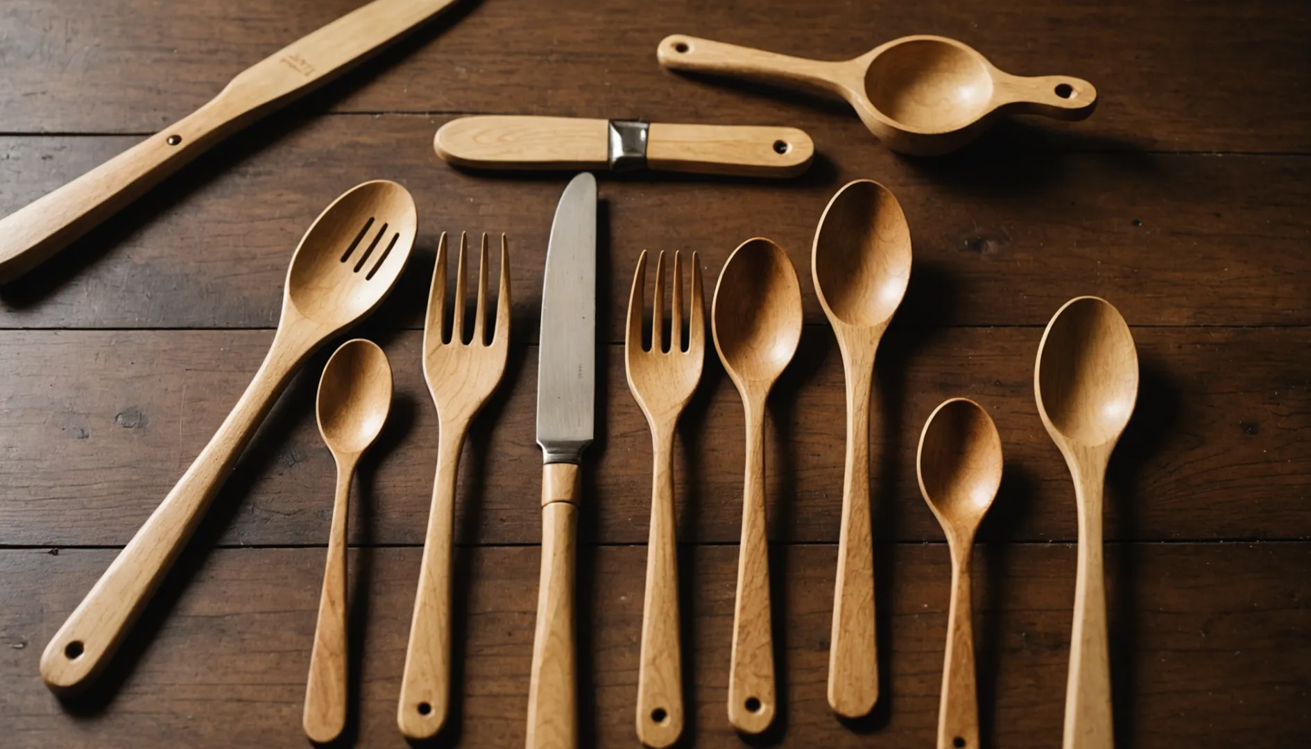 Various wooden cutlery items made from different types of wood displayed on a table.