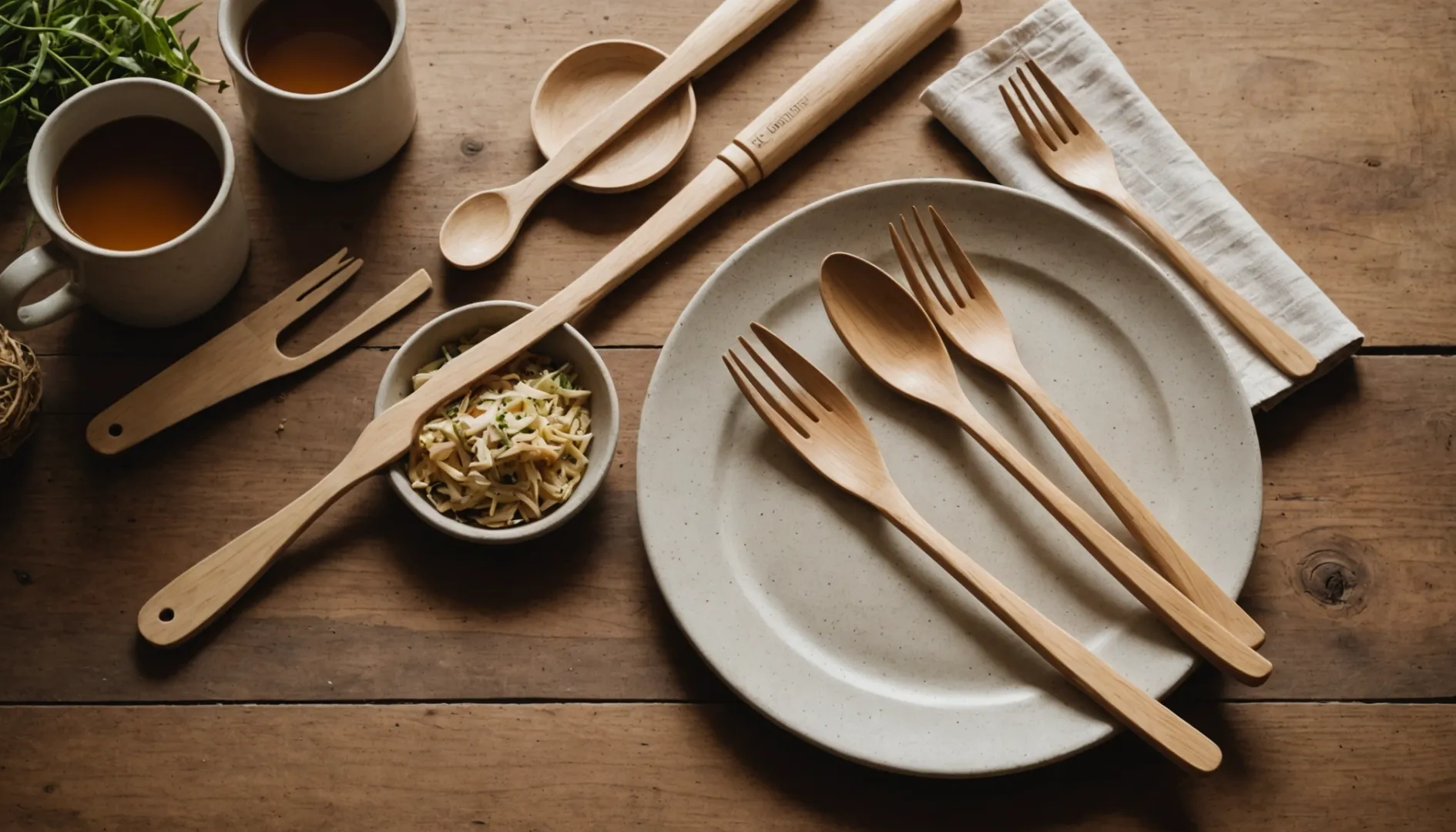 Comparison of birch wooden cutlery and bagasse sugarcane fiber cutlery on a rustic table