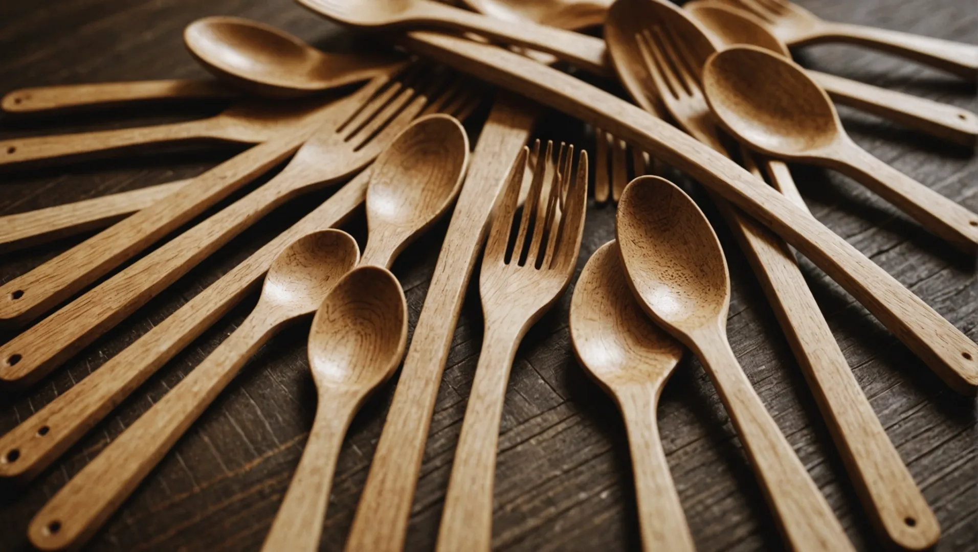 Close-up of wooden cutlery showing porous surface