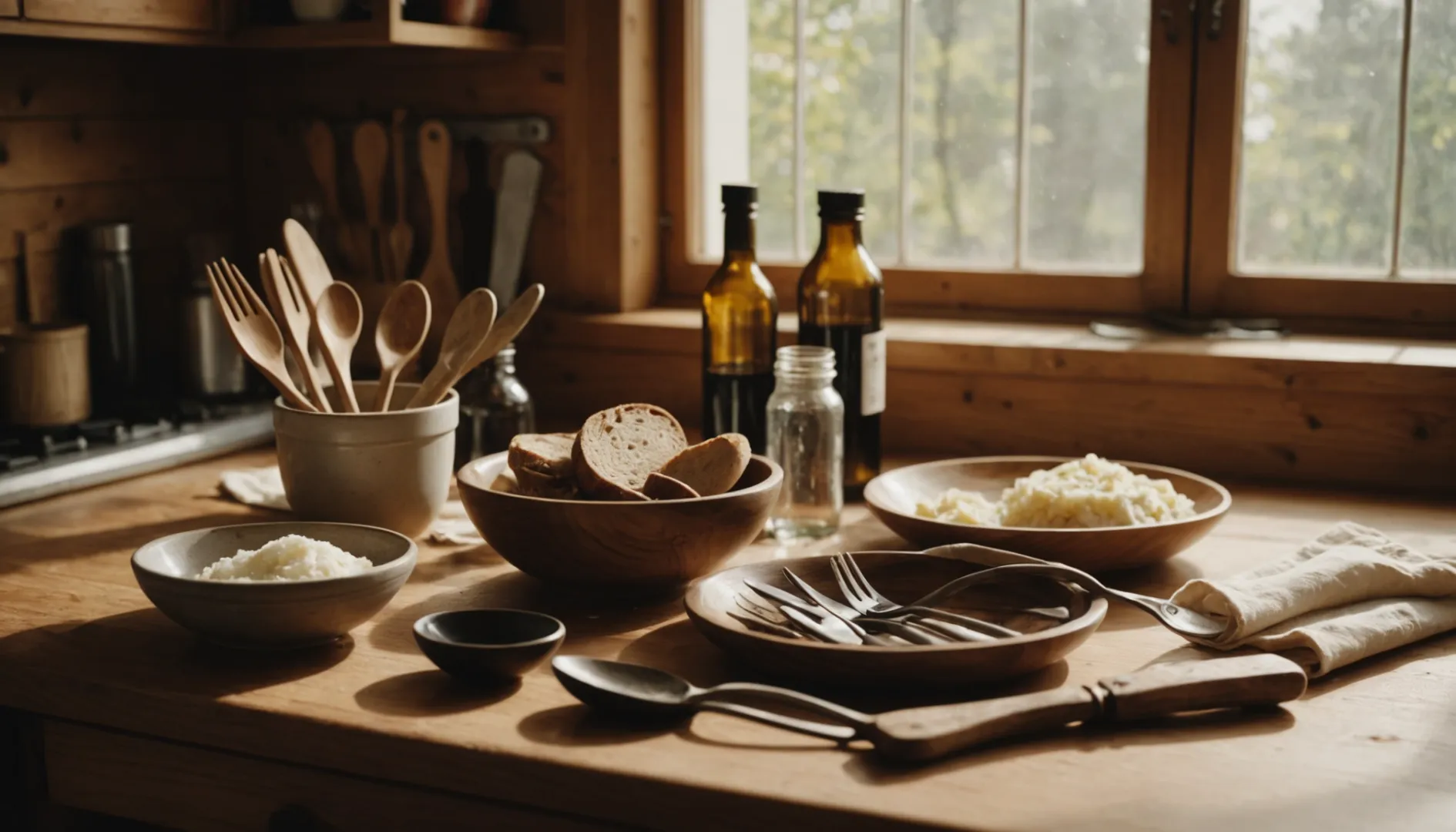 Various wooden cutlery items on a kitchen counter with oil and cleaning supplies nearby.