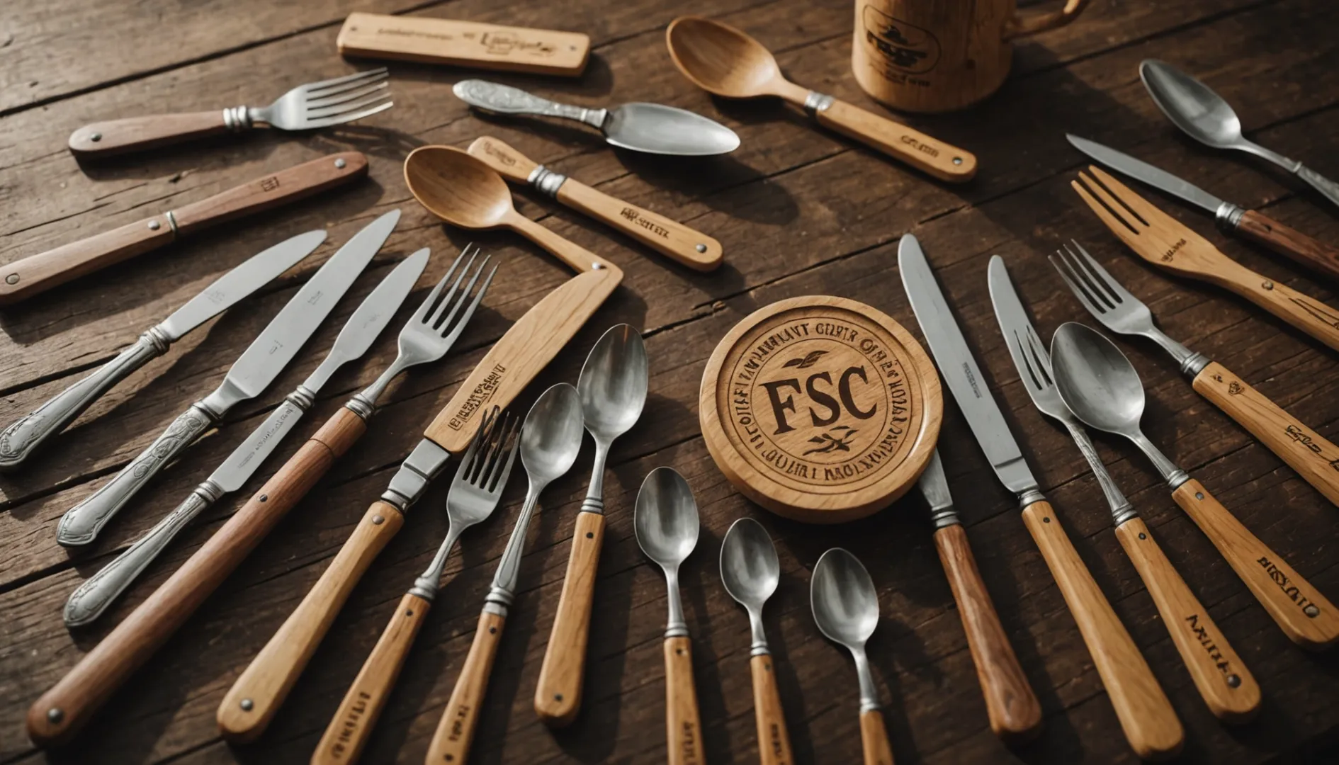 Wooden cutlery with certifications like FSC, FDA, and LFGB logos.
