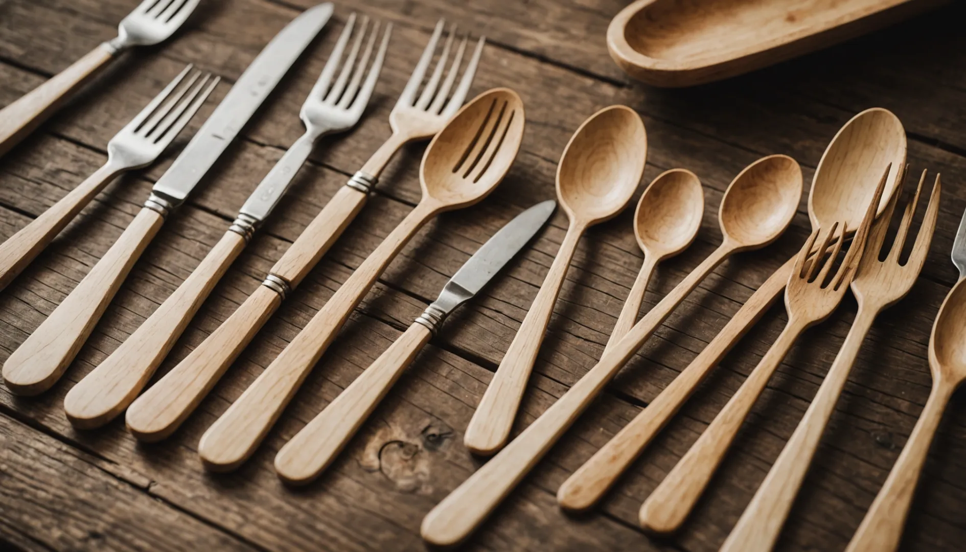 Close-up of disposable wooden cutlery on a table