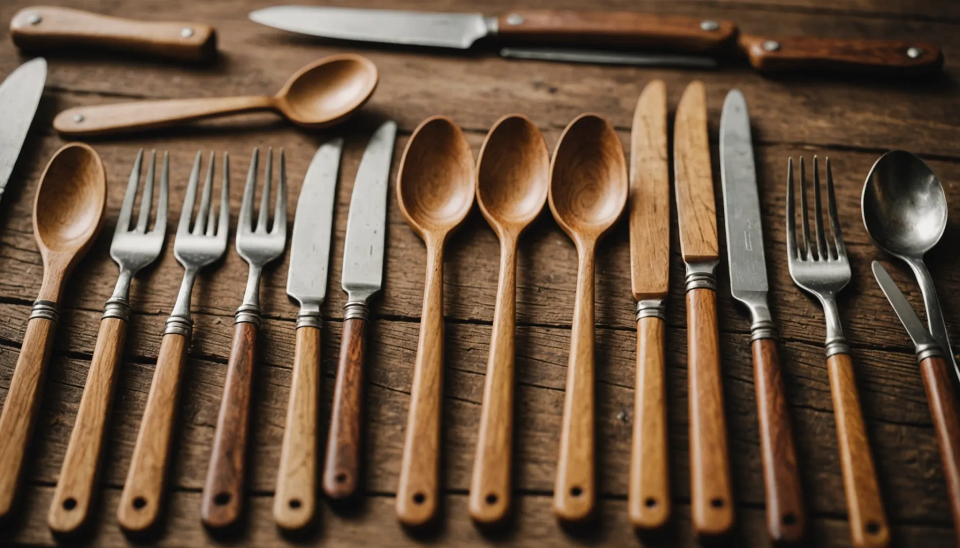 Close-up view of wooden cutlery on a rustic table