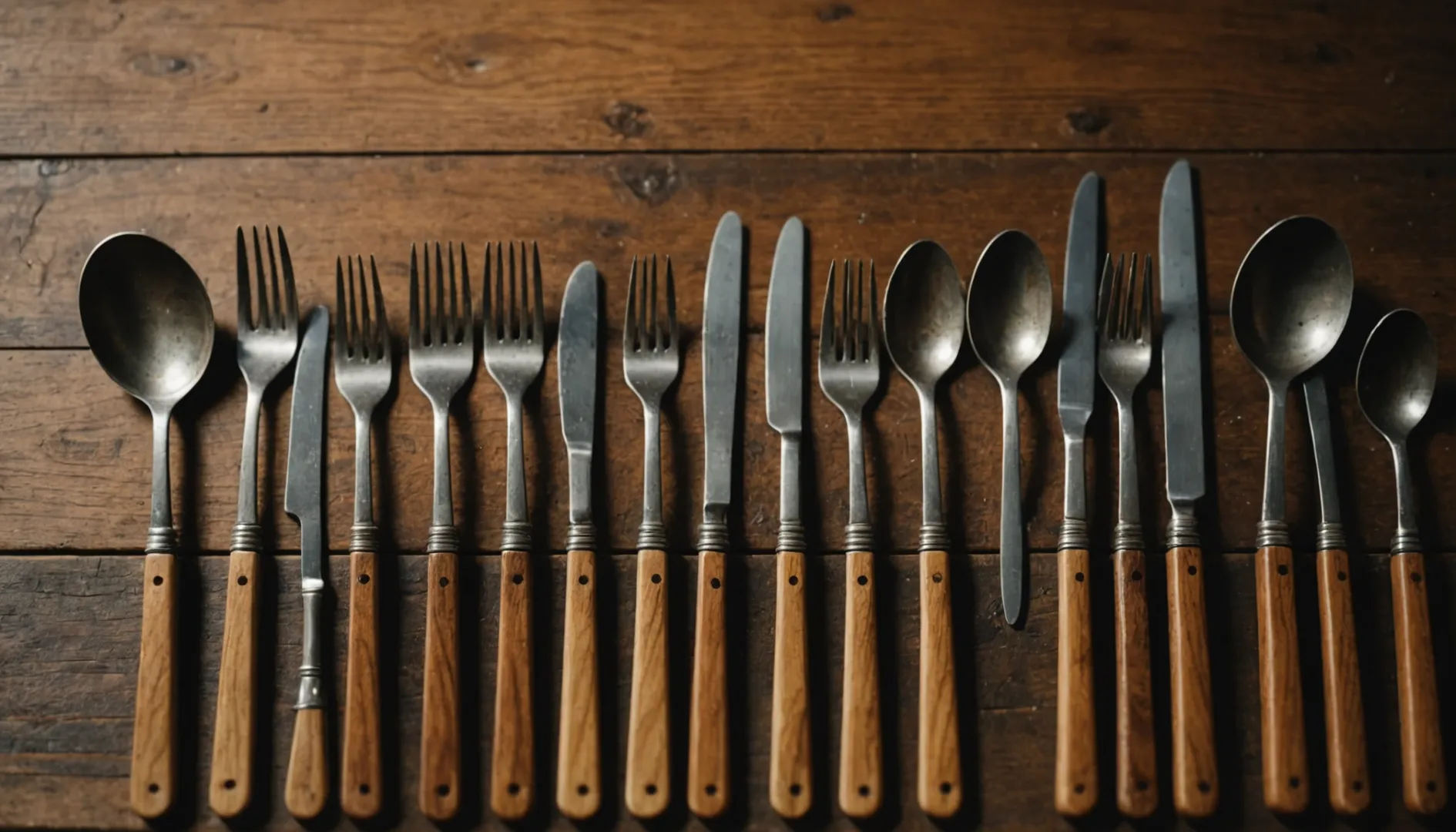 A variety of wooden cutlery displayed on a rustic table