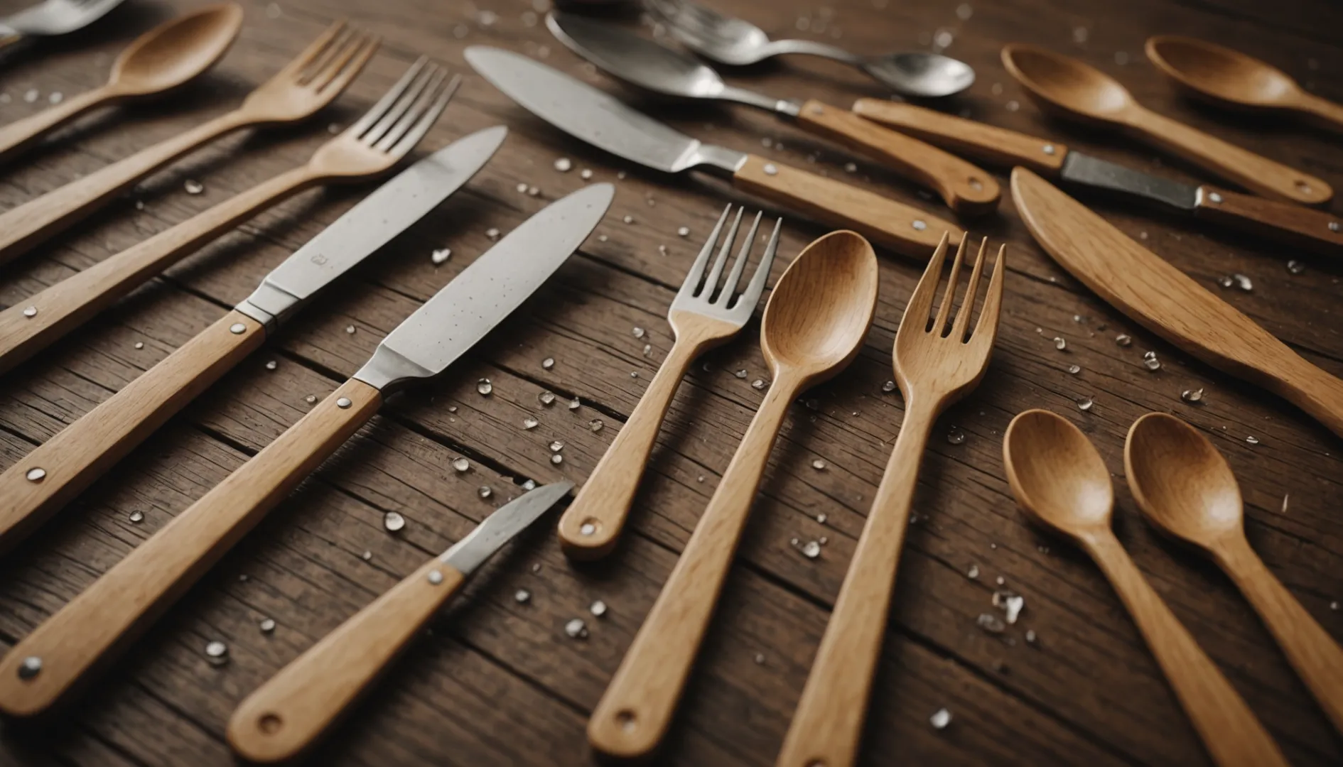 A variety of disposable wooden cutlery on a wooden table with water droplets