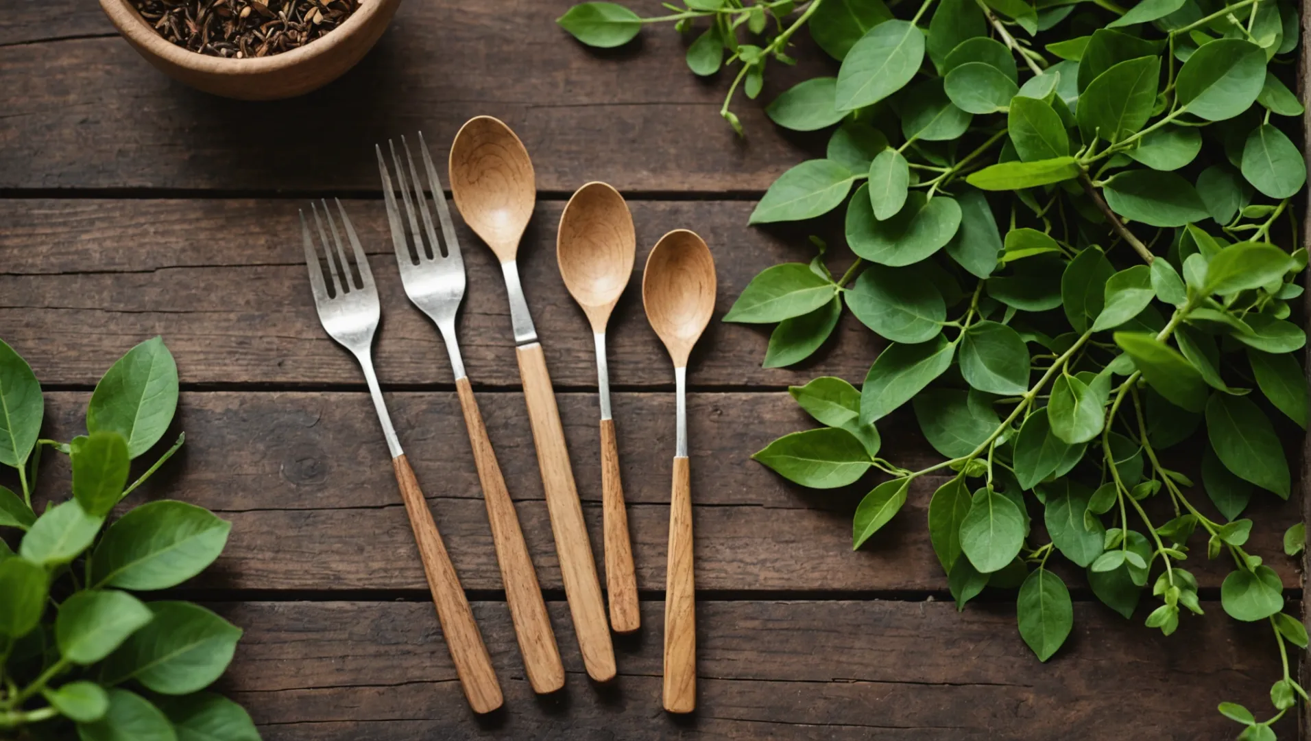 Wooden cutlery on a rustic table setting with leaves