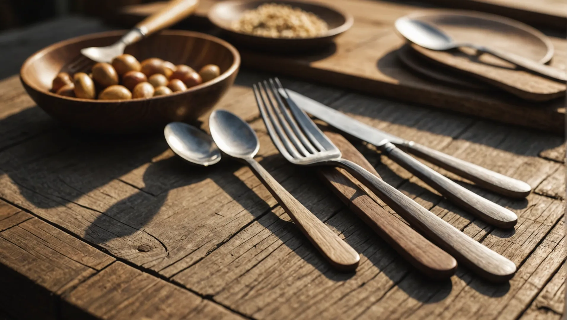 Close-up of eco-friendly wooden cutlery on a rustic table.