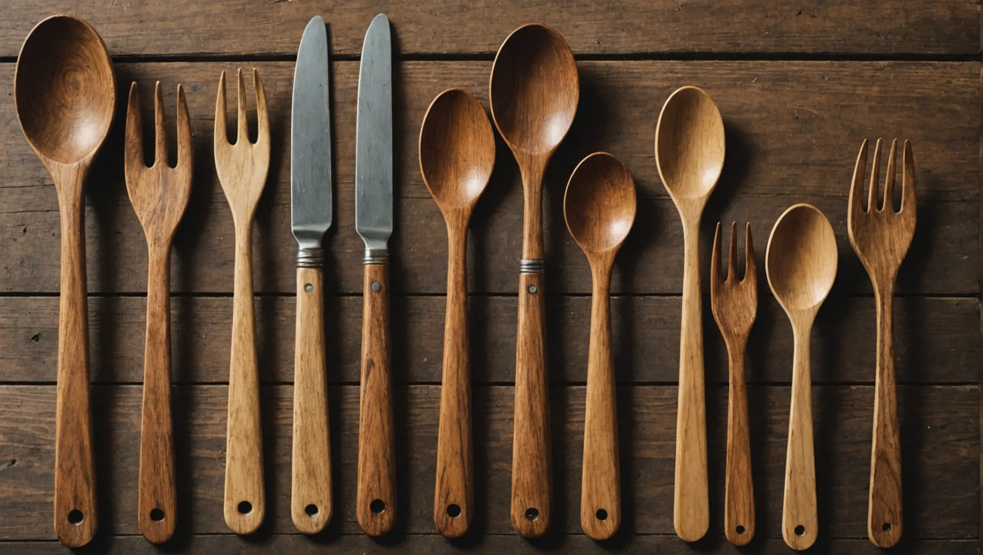 A variety of wooden cutlery displayed on a rustic wooden table.