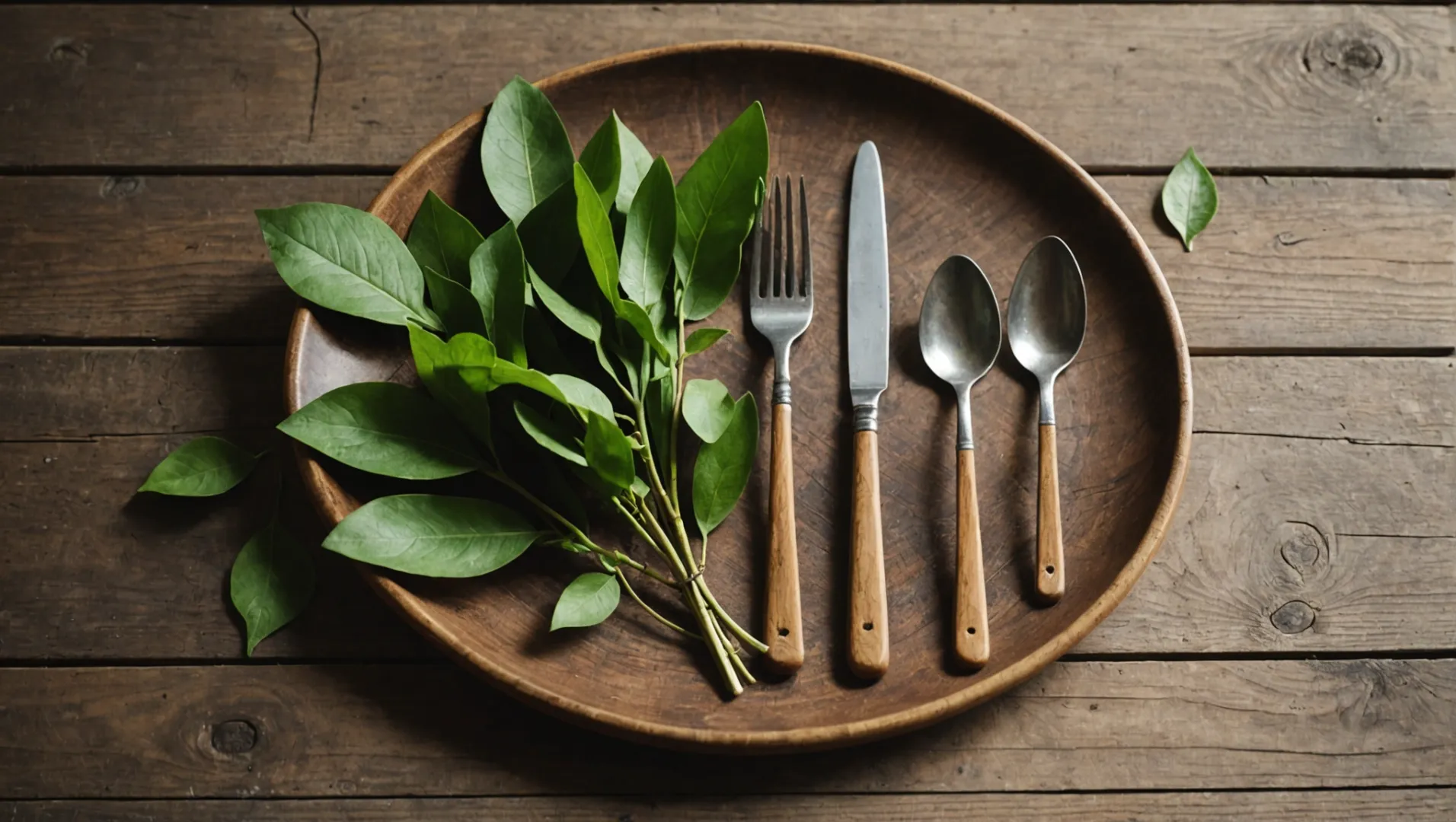 Wooden cutlery on a rustic wooden table with green leaves around.