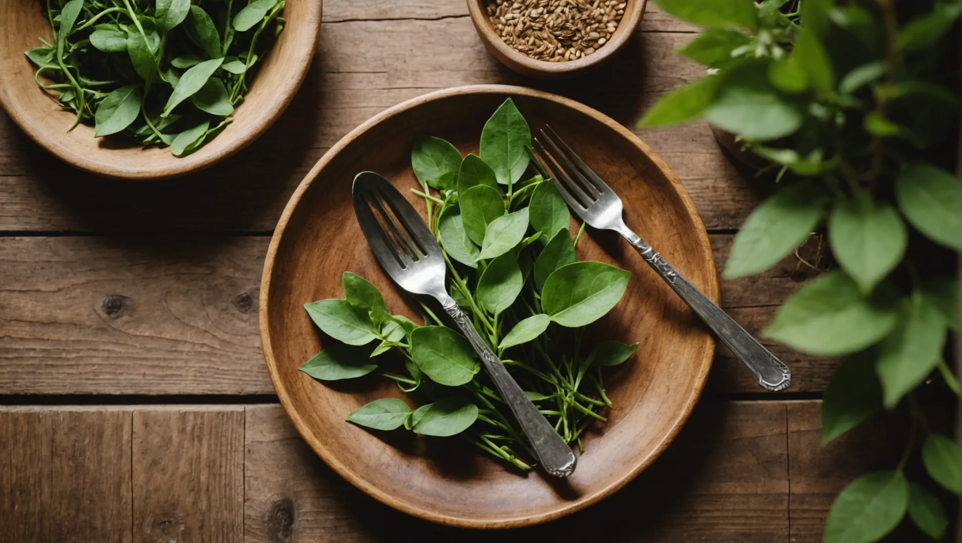 A set of wooden cutlery on a rustic wooden table, surrounded by green leaves.