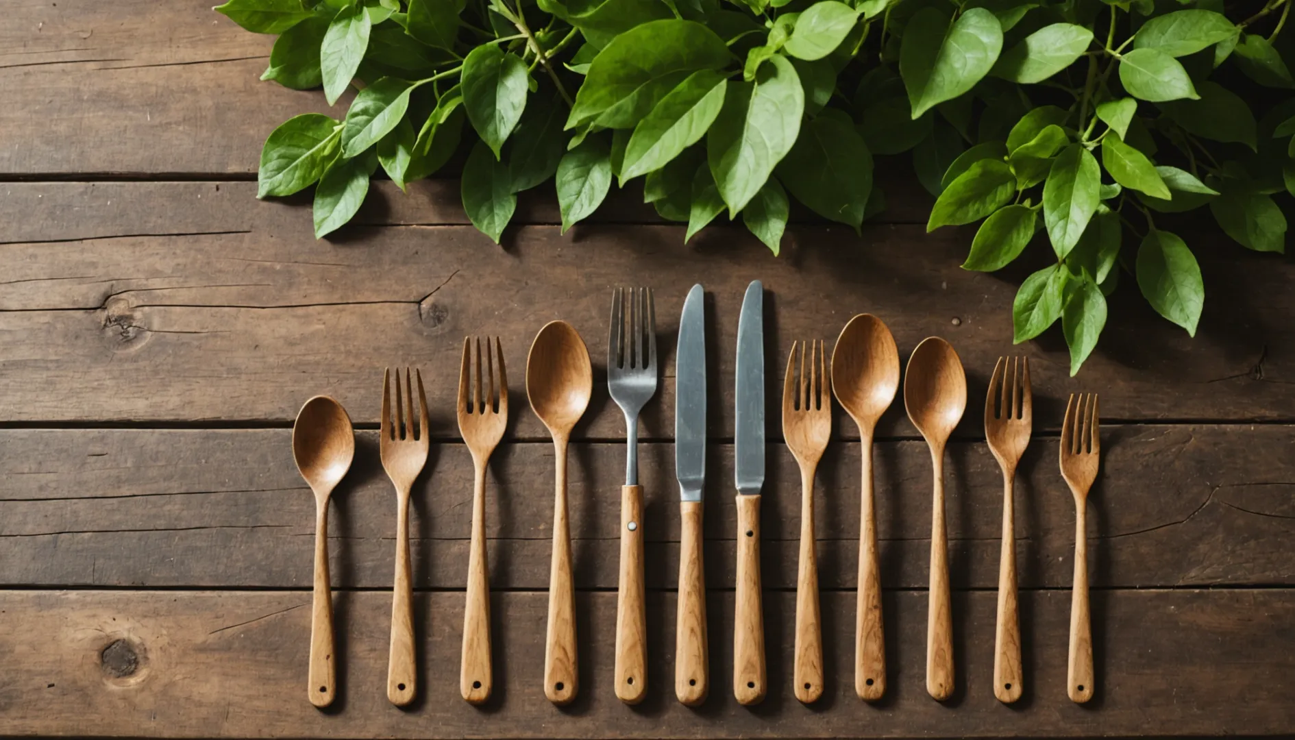 Wooden cutlery with greenery background