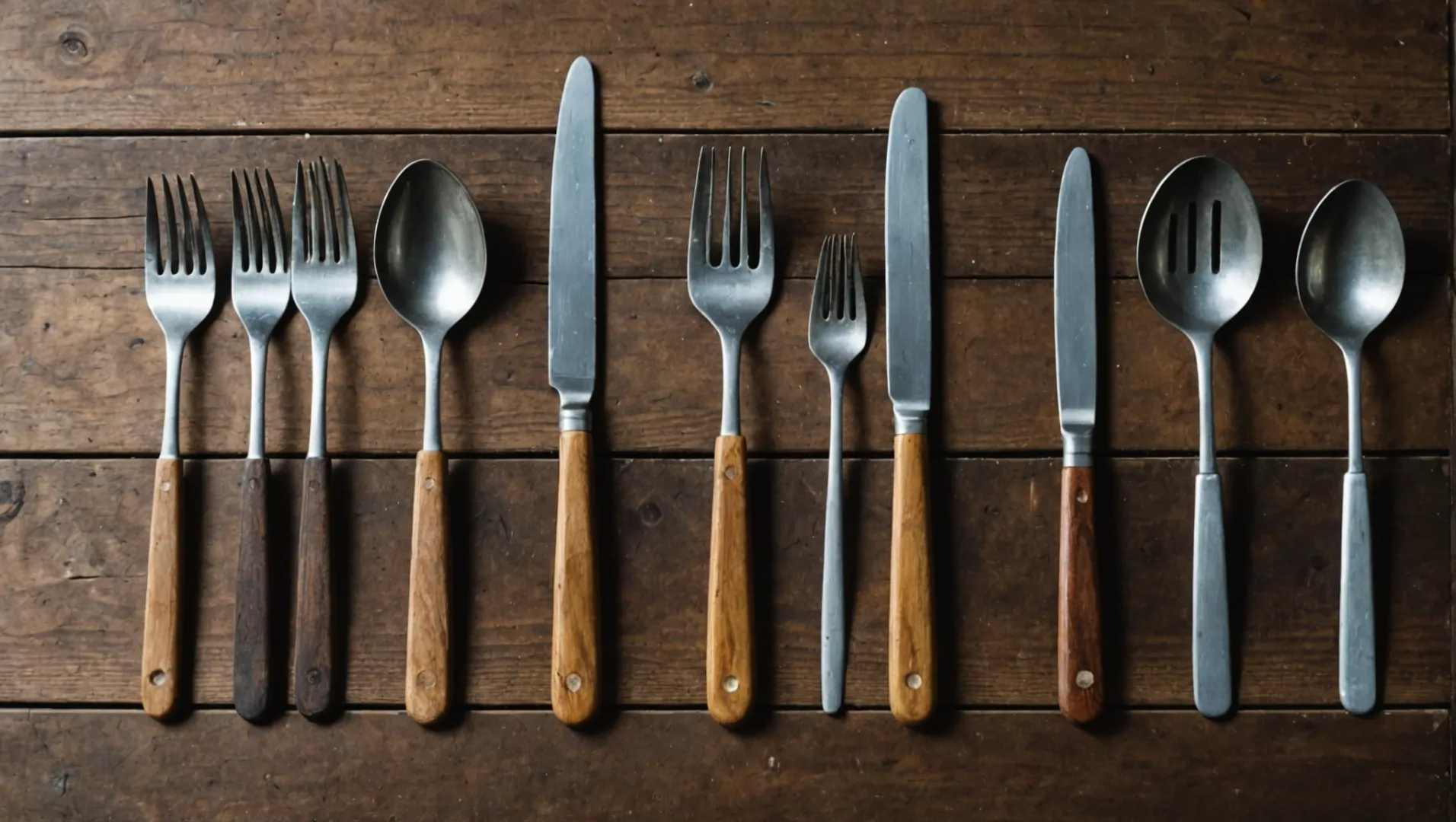 Wooden cutlery arranged alongside metal and plastic utensils on a rustic wooden surface.
