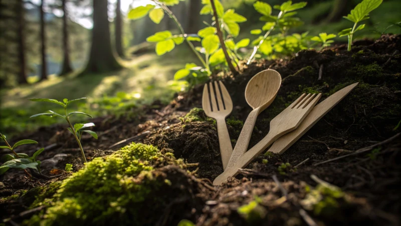 Wooden cutlery partially buried in rich soil with moss