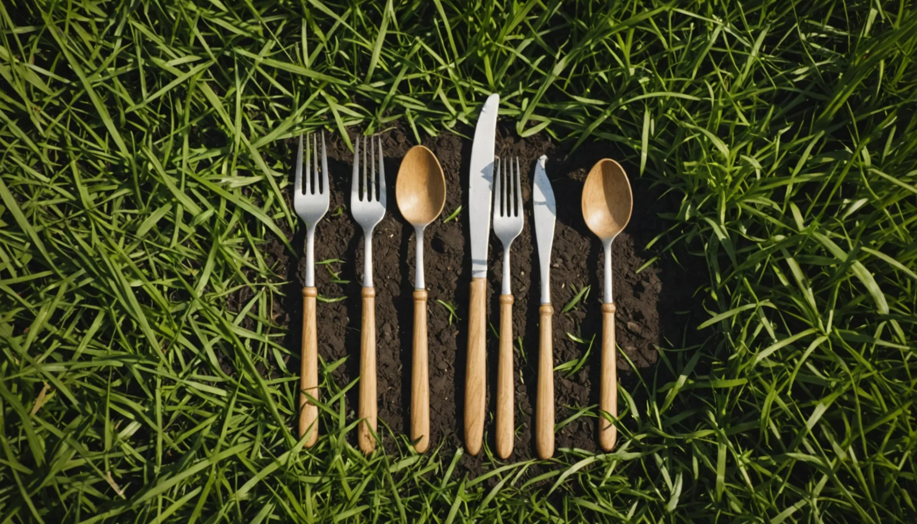 Photorealistic scene of wooden cutlery on soil