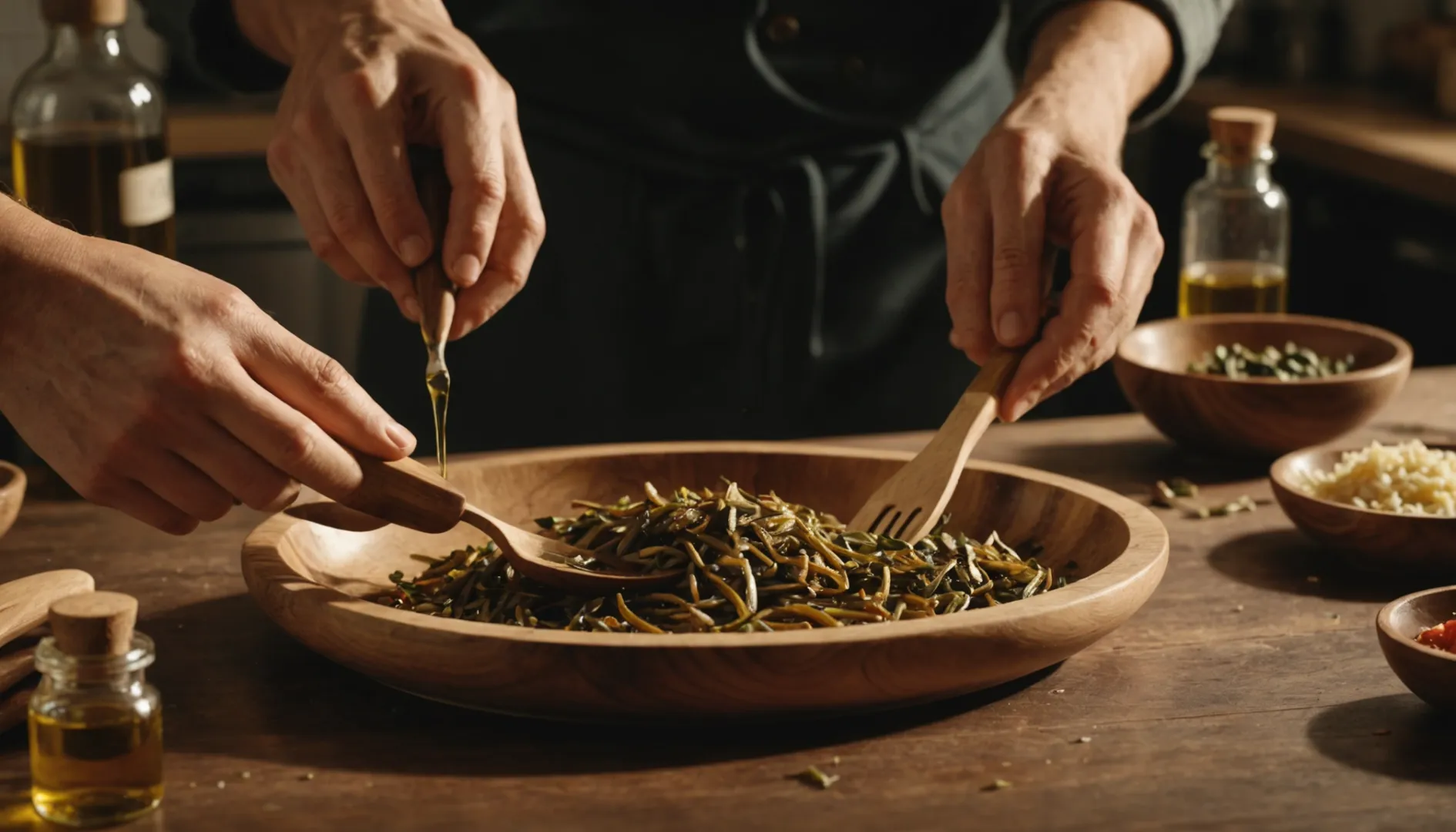 Close-up of hands applying oil to wooden cutlery