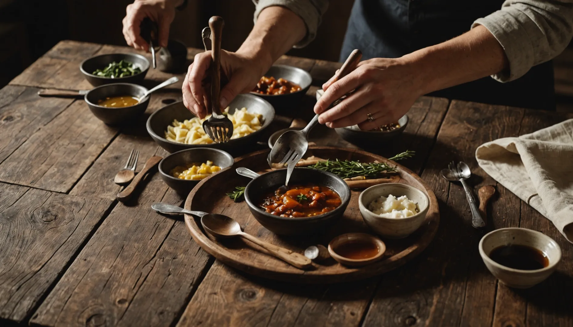 Wooden spoons and forks being oiled on a wooden table