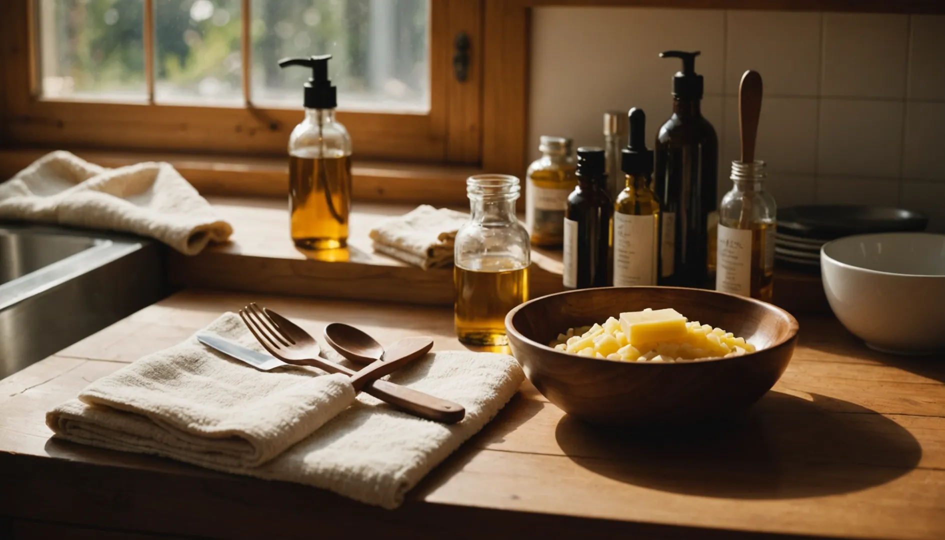 Wooden cutlery set with natural oils and towels for maintenance