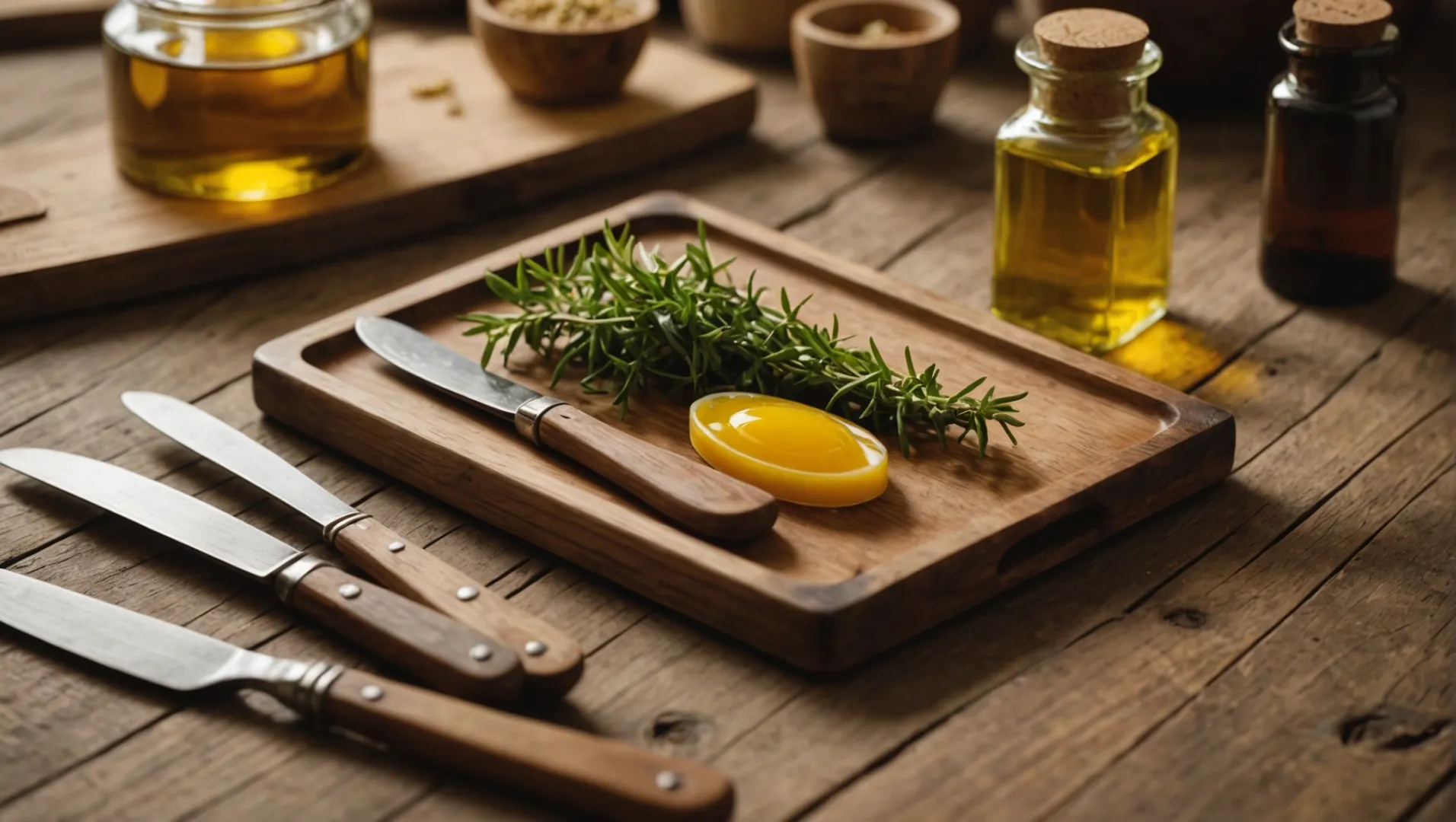 Wooden cutlery set with beeswax and plant oils on a wooden table