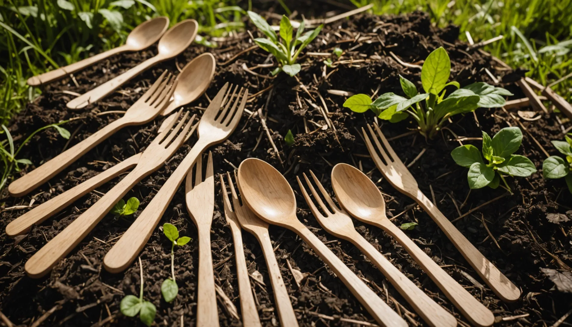 Close-up of wooden cutlery on a compost heap in a garden