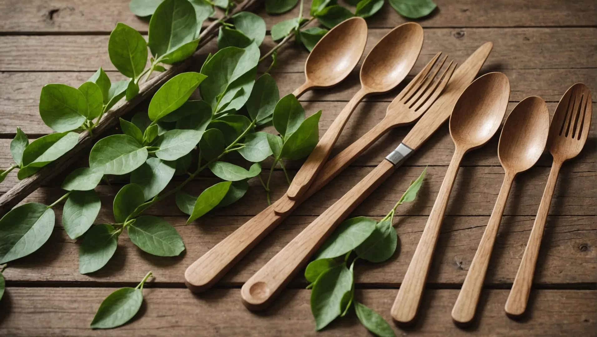 Wooden cutlery set on a rustic table with leaves