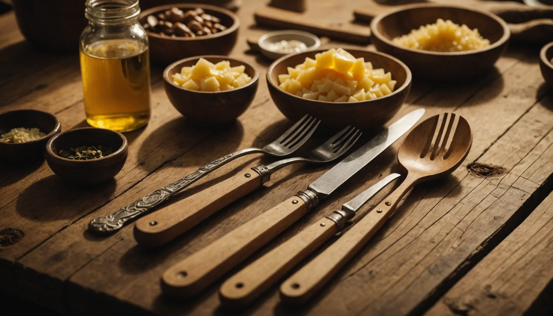 Close-up of wooden cutlery on a rustic kitchen countertop with beeswax and plant oil jars