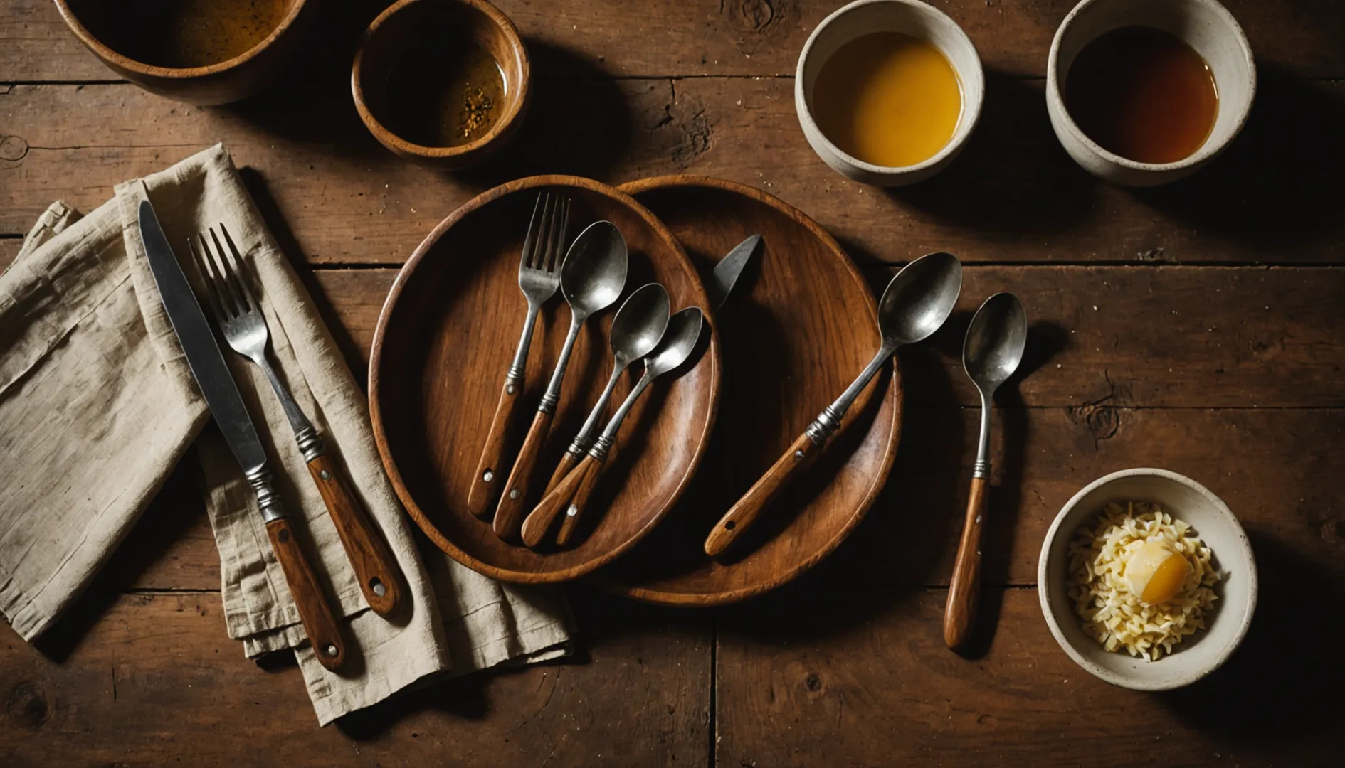 Set of wooden cutlery on a rustic table