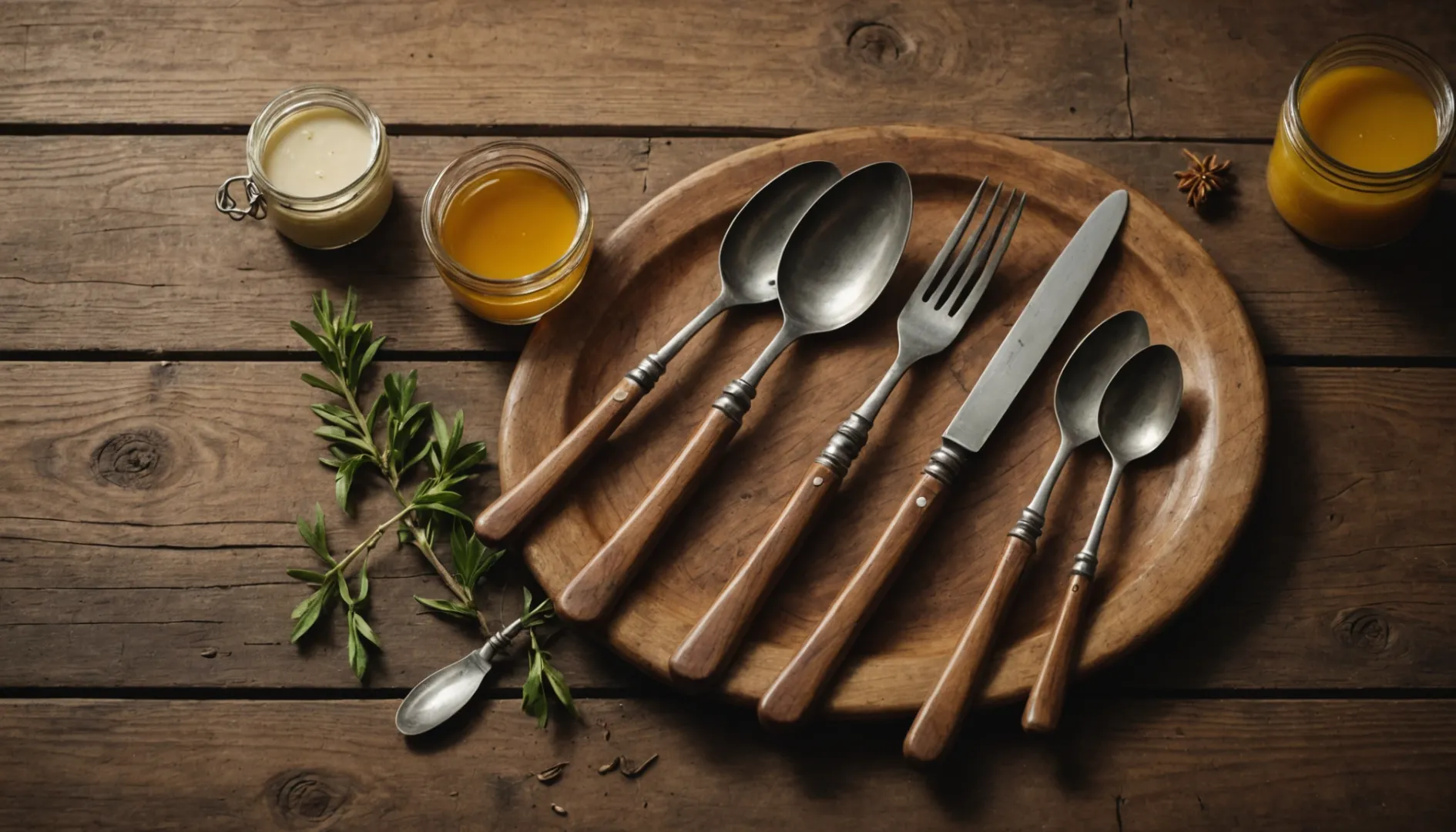 Wooden cutlery set on a rustic table with beeswax and plant oil