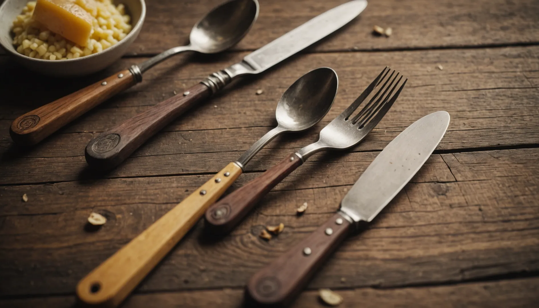 Close-up of wooden cutlery on a rustic wooden table