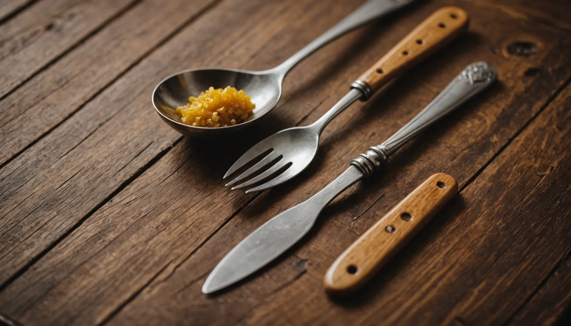 Wooden cutlery on a rustic wooden table
