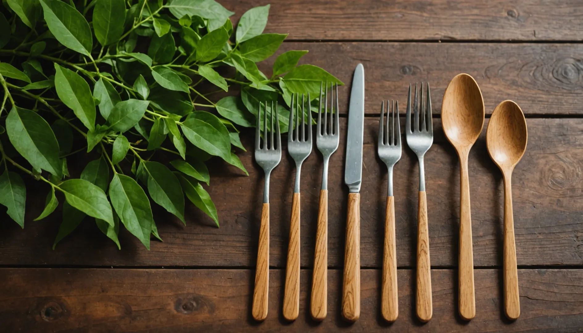 Disposable wooden cutlery on a rustic table with green leaves background