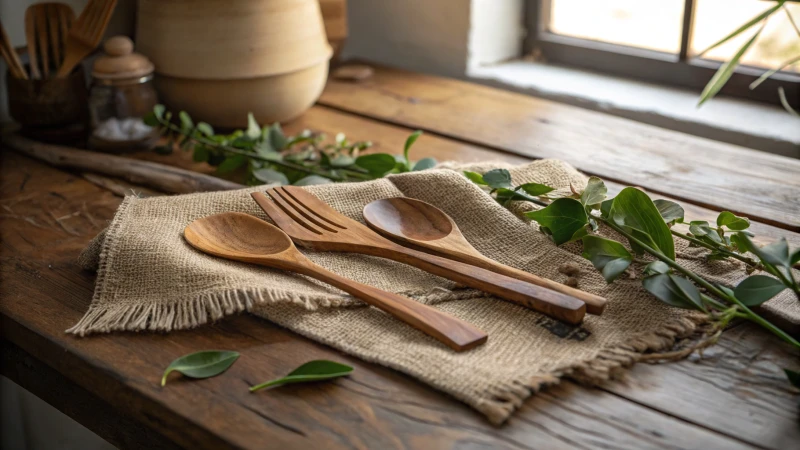 Wooden cutlery arranged on a rustic wooden table with natural light.