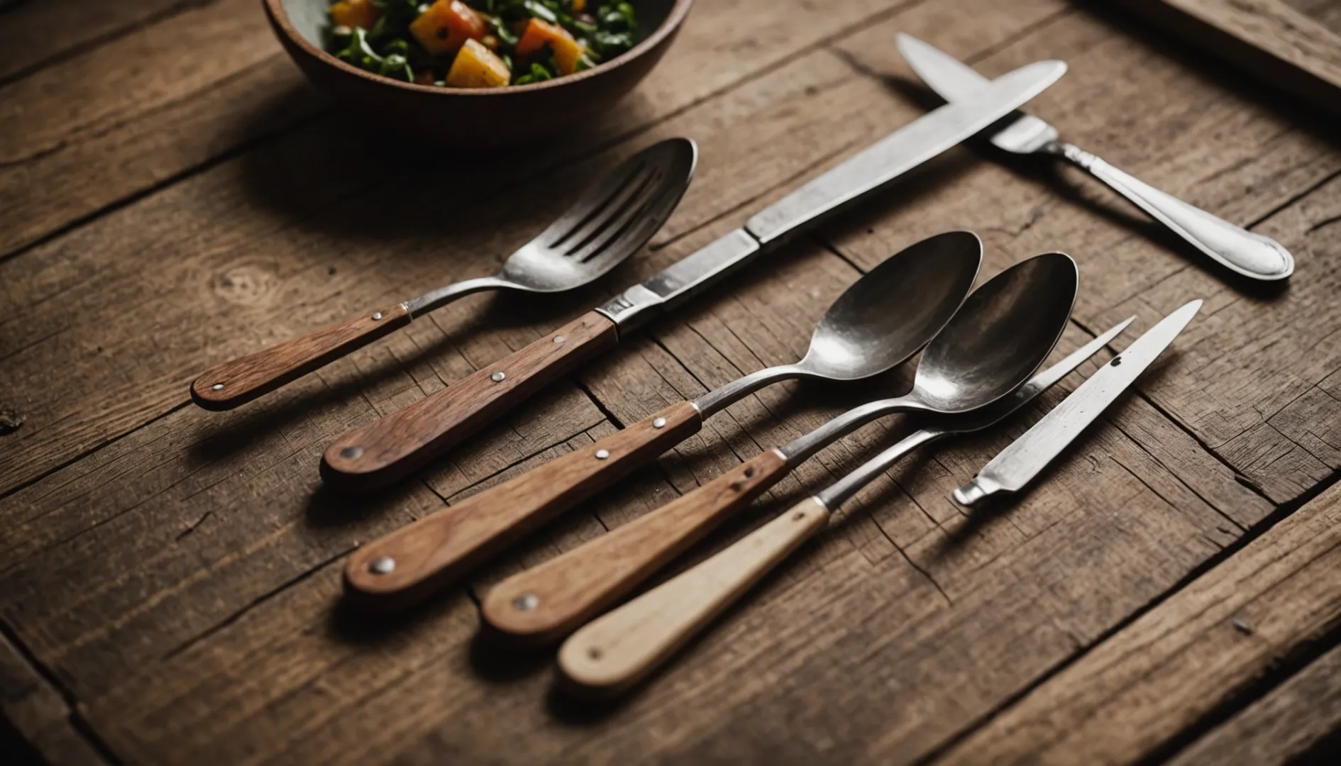 Wooden cutlery set on rustic wooden table