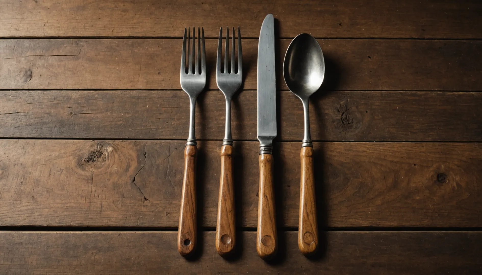 Wooden cutlery on a rustic wooden table