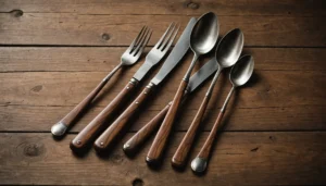 Wooden cutlery on a rustic wooden table with soft lighting