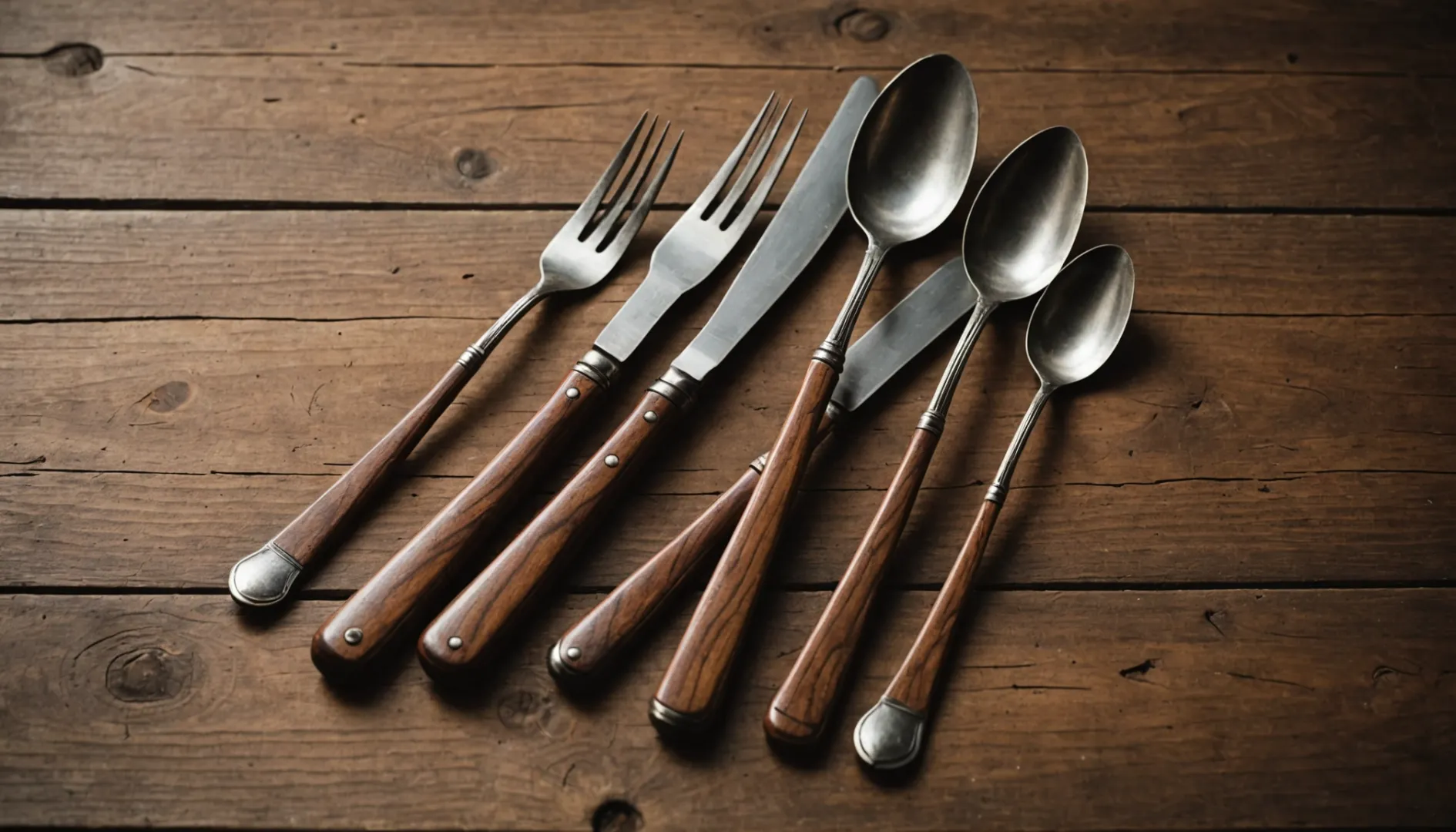 Wooden cutlery on a rustic wooden table with soft lighting