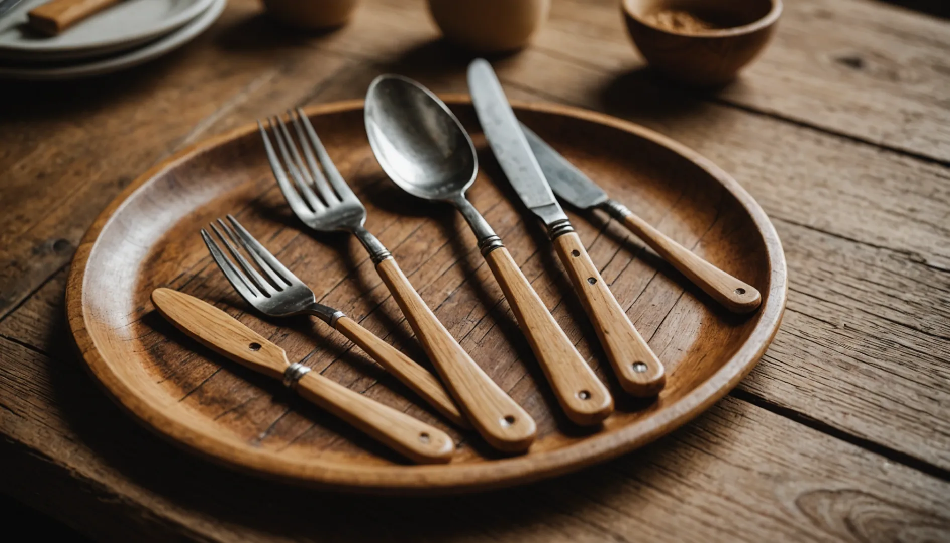 Wooden cutlery set on a rustic wooden table with natural lighting