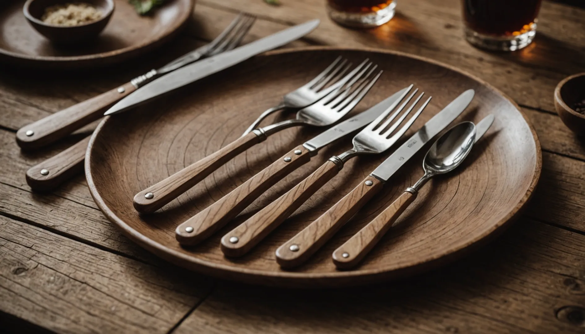 Wooden cutlery set on rustic table with eco-friendly packaging