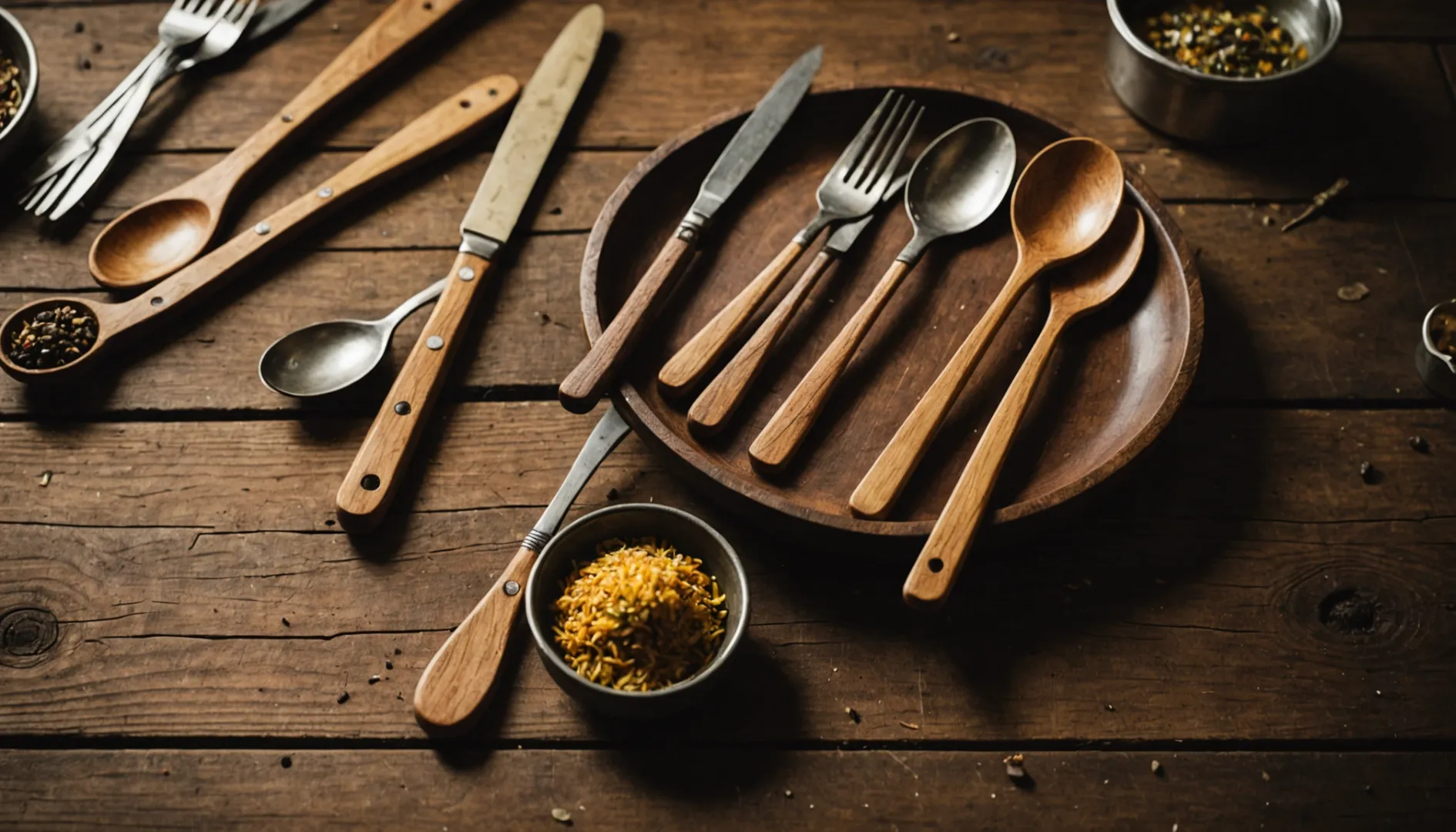 Wooden cutlery on a rustic table with jars of oils and beeswax.