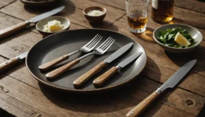 Wooden cutlery including fork, knife, and spoon on a rustic table